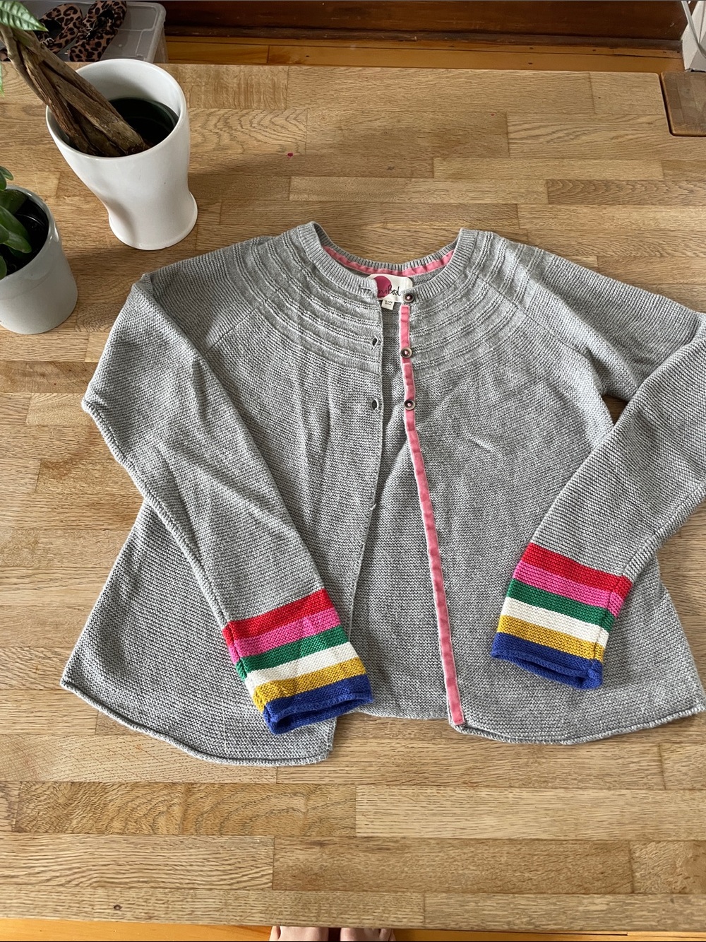 Mini Boden Gray Cardigan with Rainbow Stripe Cuffs